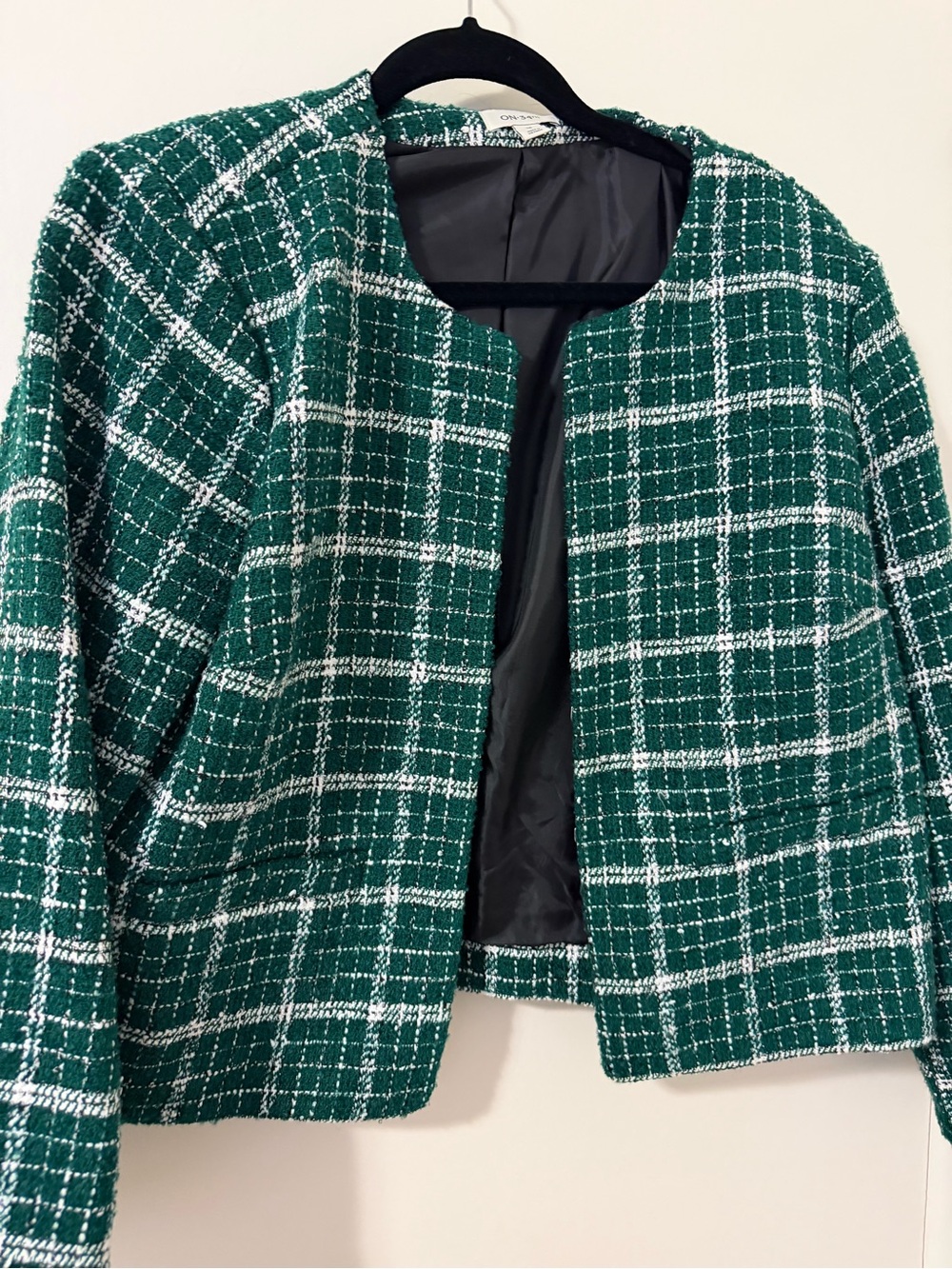 On 34th Green Plaid Tweed Open-Front Blazer